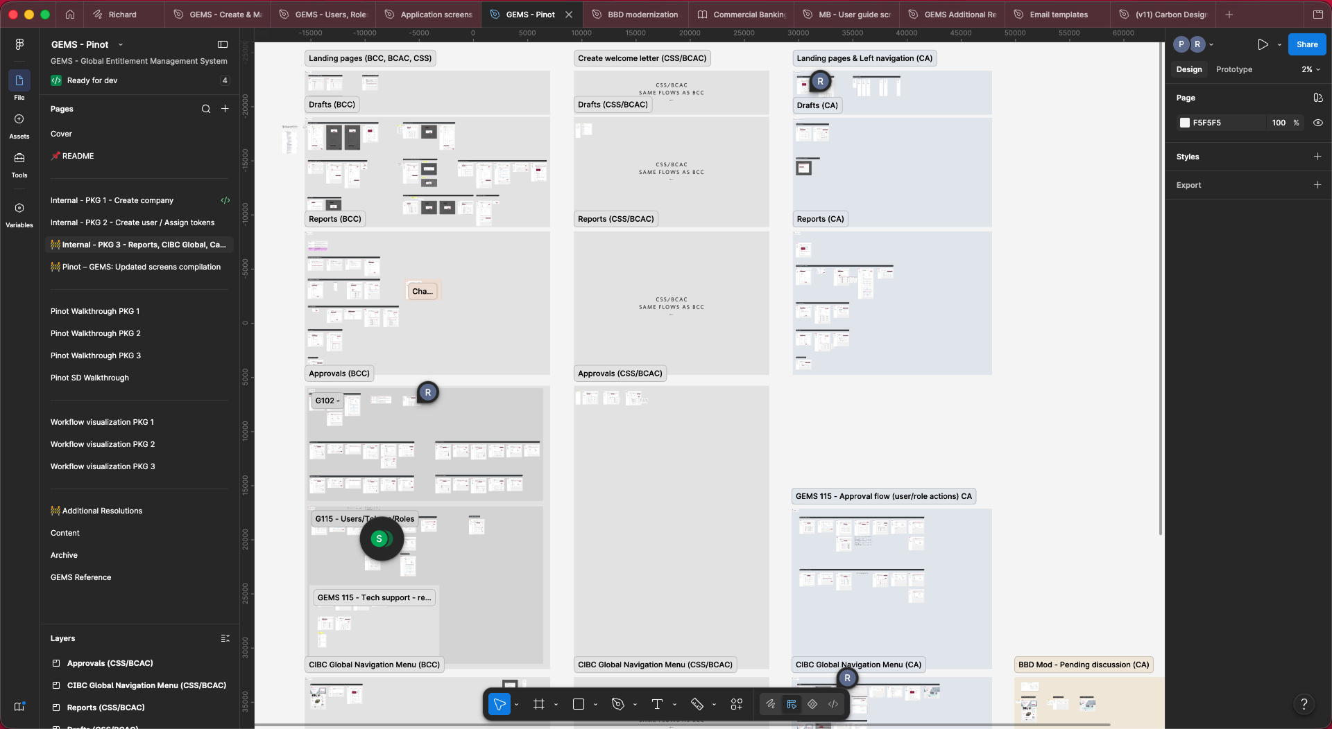 Structured Figma file with grouped pages and user story sections